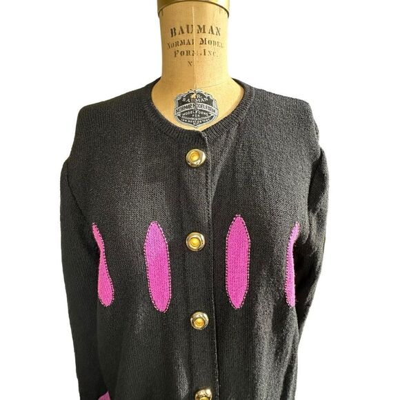 Vintage 80s Louis Feraud Abstract Pattern Black and Pink Long Cardigan size 10 - Picture 3 of 10
